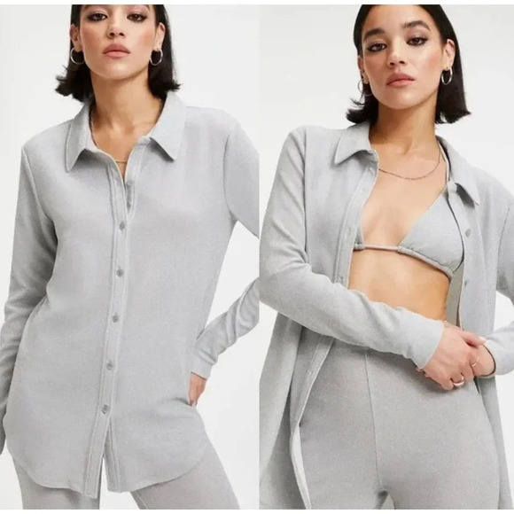 Good American Sparkle Button Down Top Silver Swim Cover Up - Picture 1 of 7